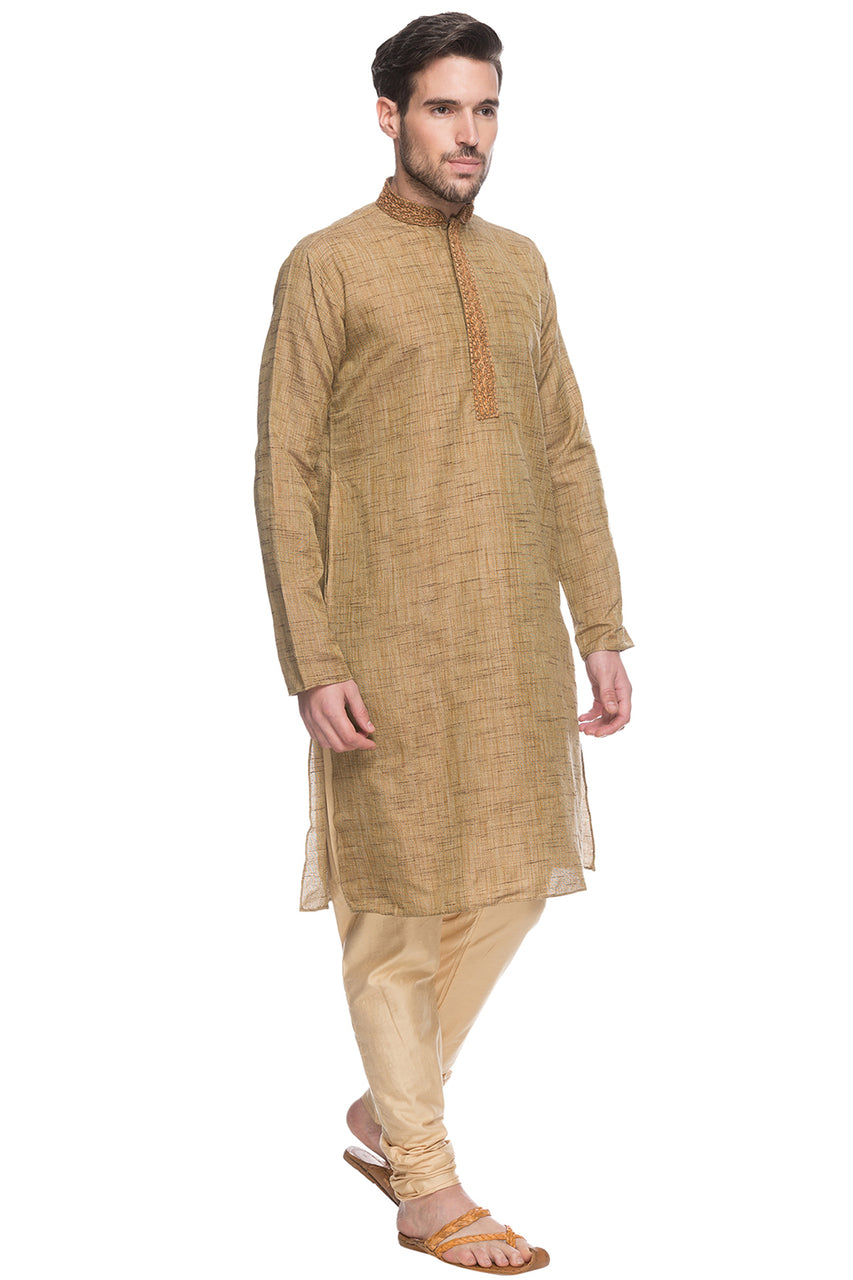 Shatranj Men's Tan Embroidered Placket 2-Piece Kurta Pajama Set, front full-length view