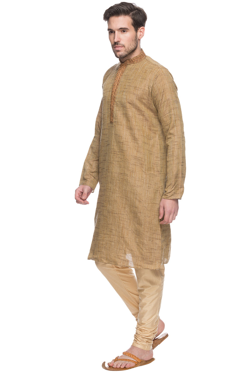 Shatranj Men's Tan Embroidered Placket 2-Piece Kurta Pajama Set, left angled full-length view