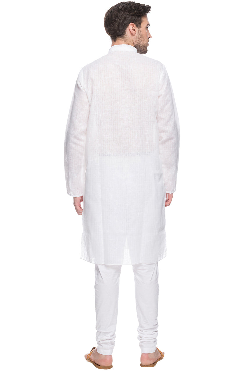 Shatranj Men's White Checkered Cotton Blend 2-Piece Kurta Pajama Set, back full-length view