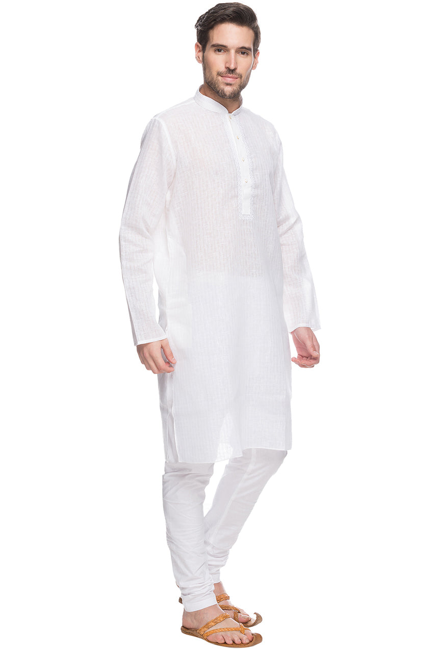Shatranj Men's White Checkered Cotton Blend 2-Piece Kurta Pajama Set, front full-length view