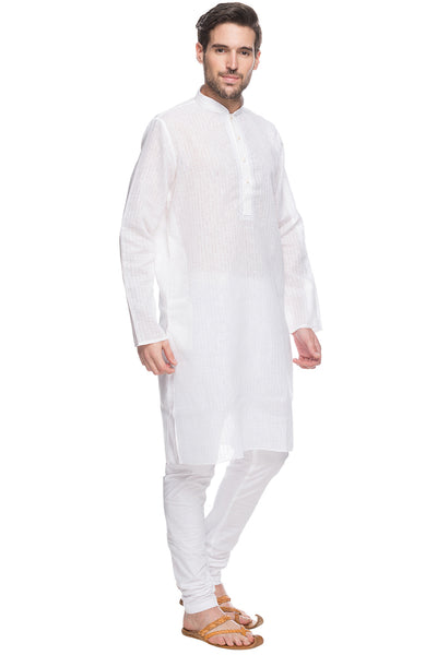 Shatranj Men's White Checkered Cotton Blend 2-Piece Kurta Pajama Set, front full-length view