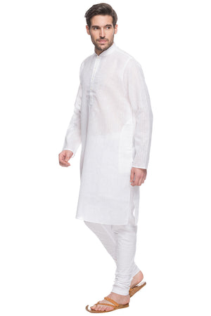 Shatranj Men's White Checkered Cotton Blend 2-Piece Kurta Pajama Set, left angled full-length view