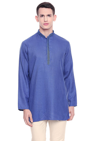 Shatranj Men's Indian Band Collar Classic Kurta Tunic With Embroidered Placket Blue