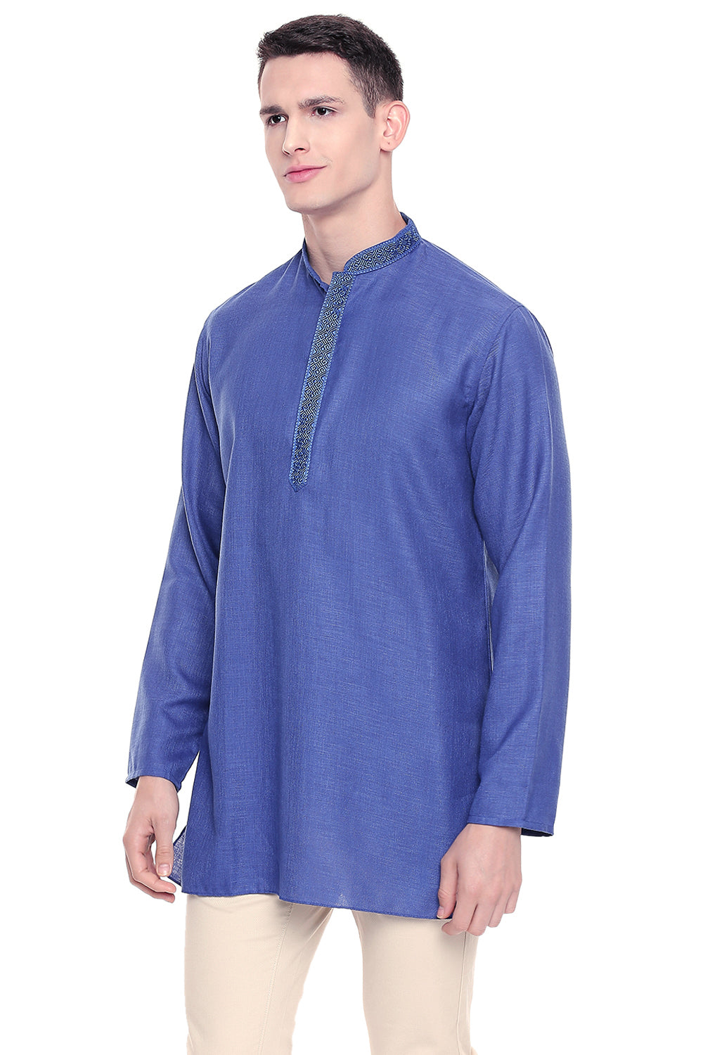 Shatranj Men's Indian Band Collar Classic Kurta Tunic With Embroidered Placket Blue
