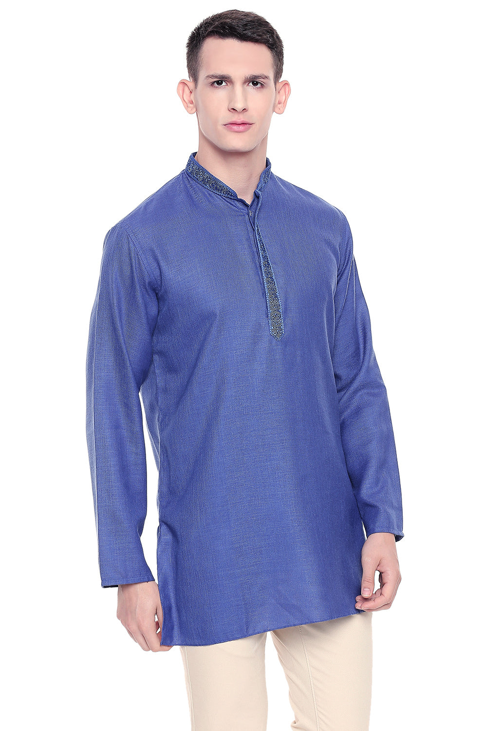 Shatranj Men's Indian Band Collar Classic Kurta Tunic With Embroidered Placket Blue