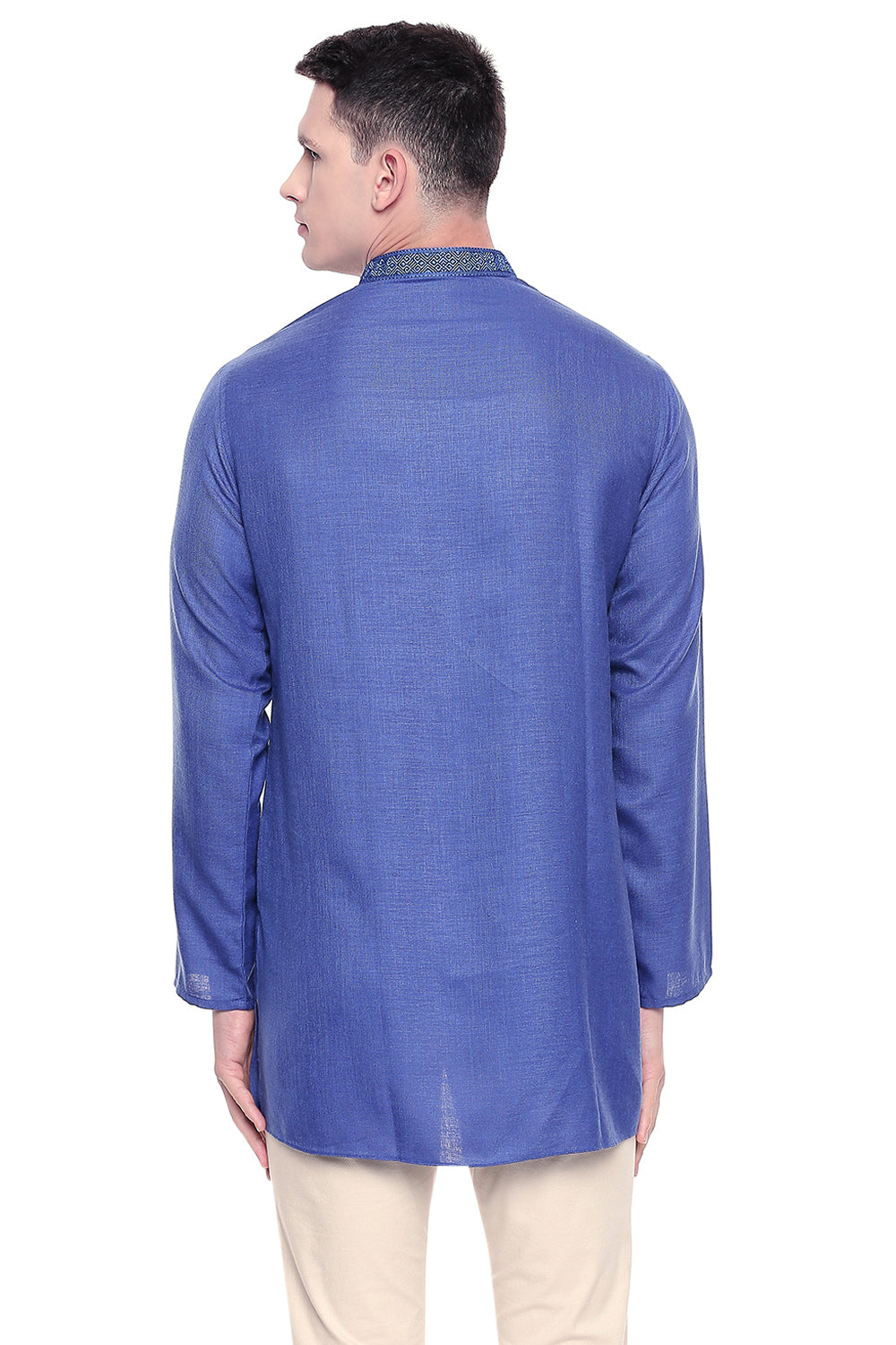 Shatranj Men's Indian Band Collar Classic Kurta Tunic With Embroidered Placket Blue