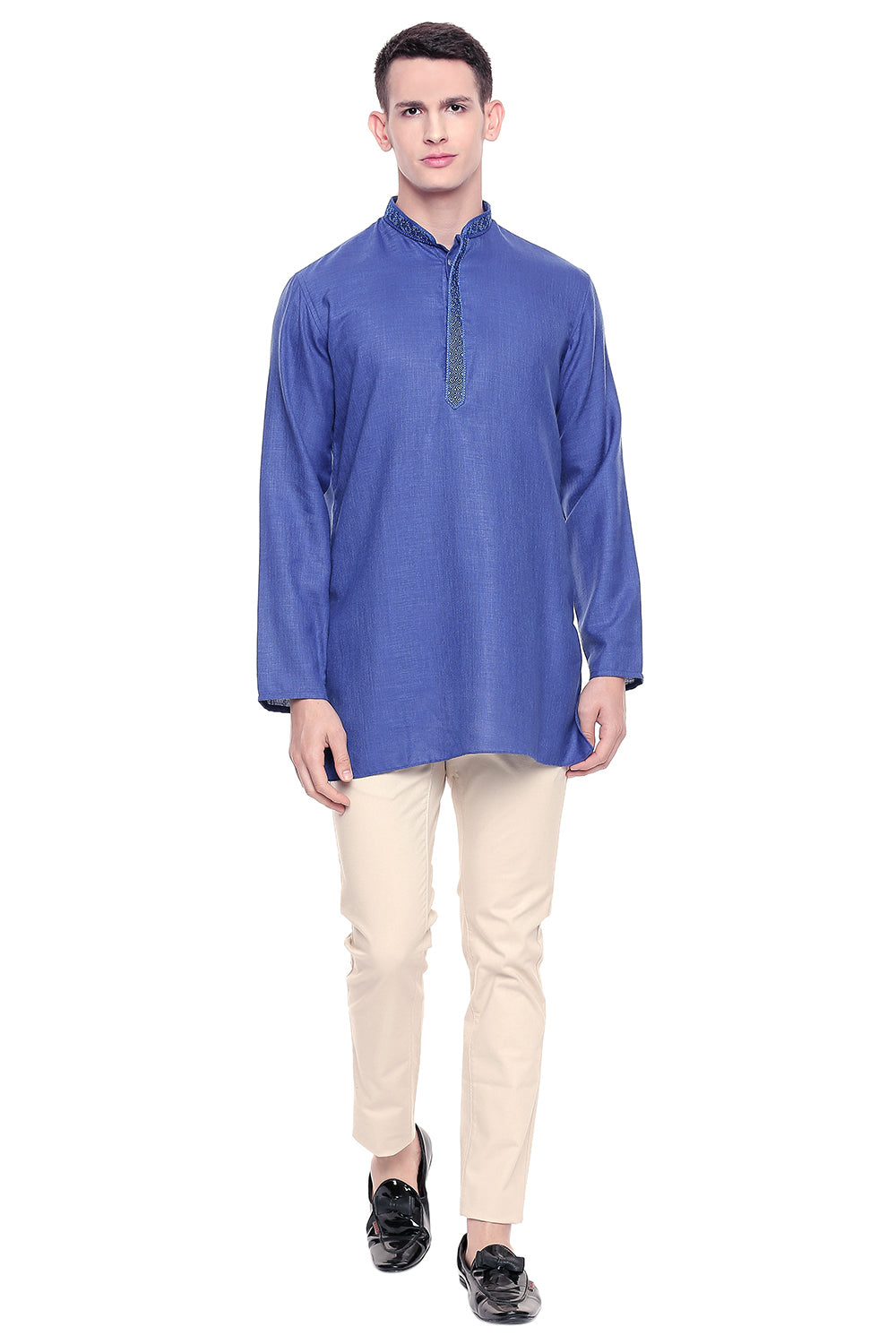 Shatranj Men's Indian Band Collar Classic Kurta Tunic With Embroidered Placket Blue