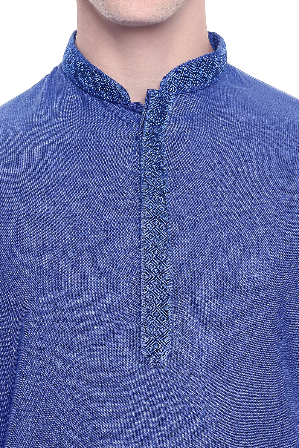 Shatranj Men's Indian Band Collar Classic Kurta Tunic With Embroidered Placket Blue