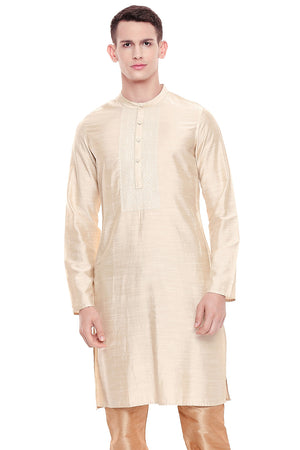 Shatranj Men's Indian Classic Collar Hand Embroidered Placket Long Kurta Tunic Beige