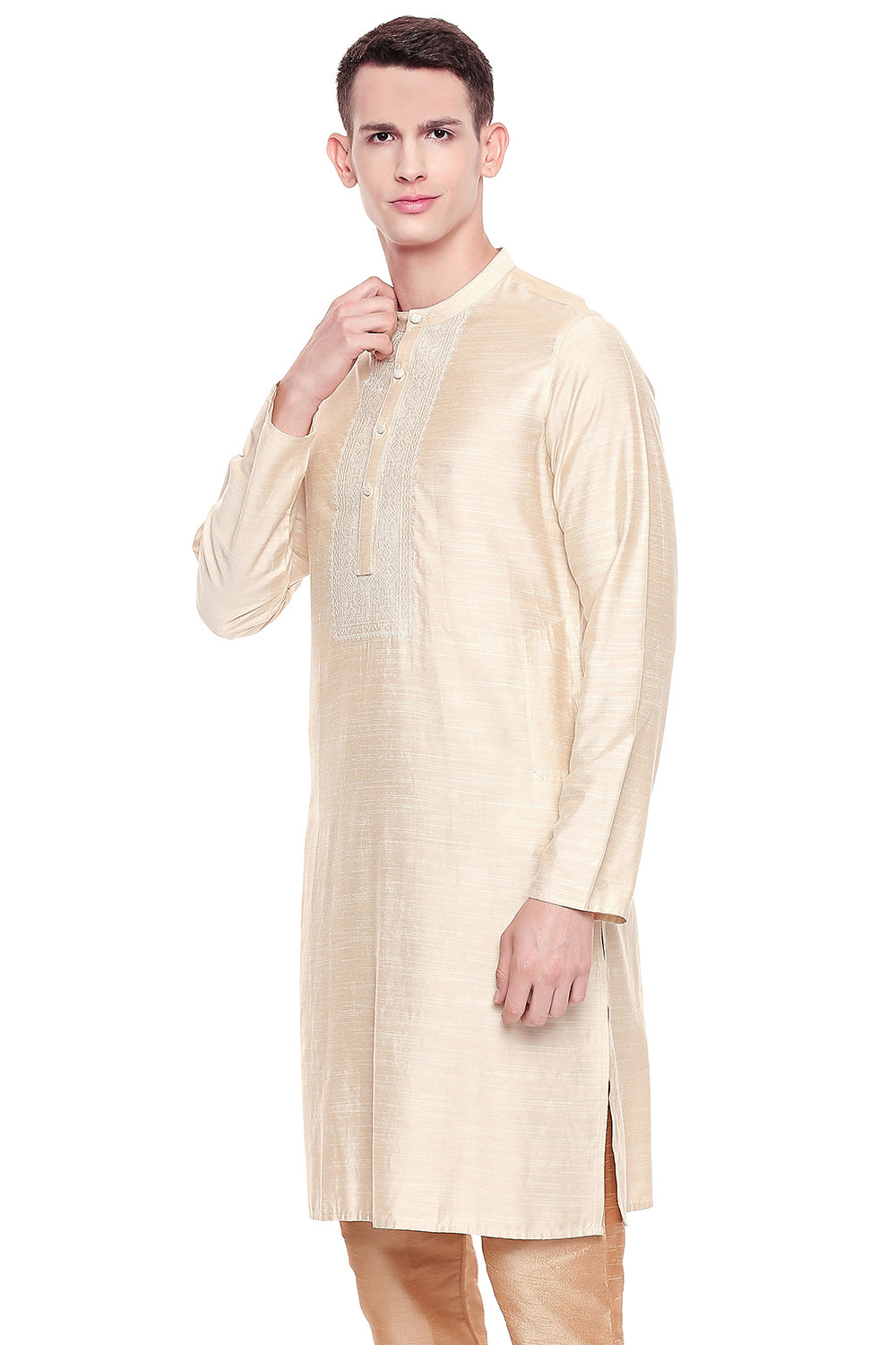 Shatranj Men's Indian Classic Collar Hand Embroidered Placket Long Kurta Tunic Beige