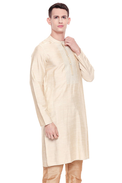 Shatranj Men's Indian Classic Collar Hand Embroidered Placket Long Kurta Tunic Beige