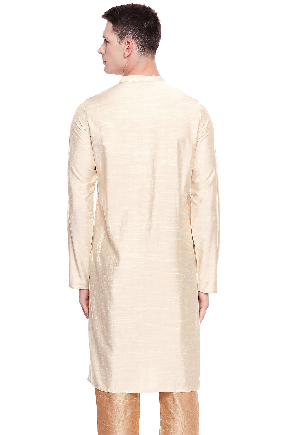 Shatranj Men's Indian Classic Collar Hand Embroidered Placket Long Kurta Tunic Beige