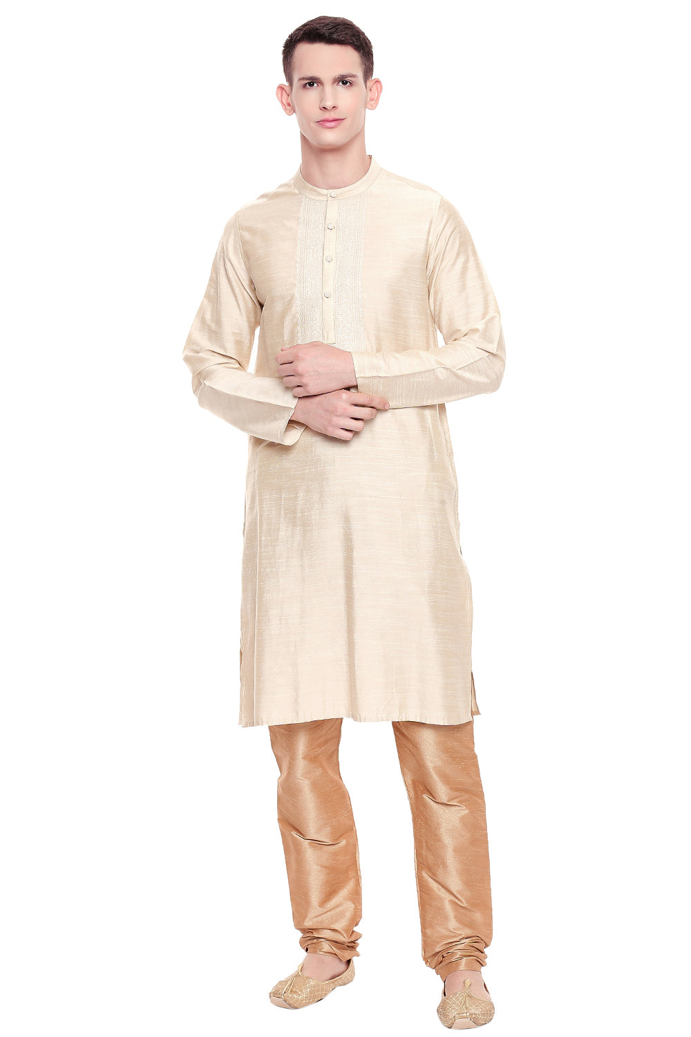 Shatranj Men's Indian Classic Collar Hand Embroidered Placket Long Kurta Tunic Beige