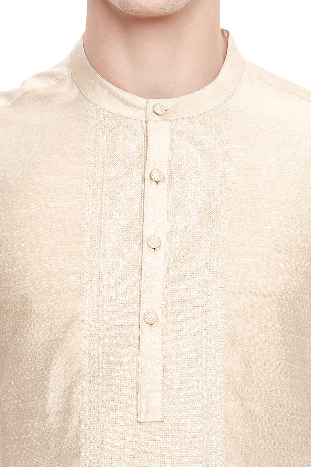 Shatranj Men's Indian Classic Collar Hand Embroidered Placket Long Kurta Tunic Beige