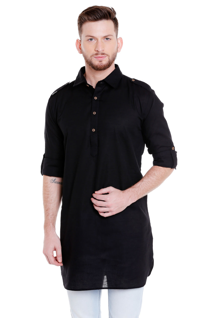 In-Sattva Men's Pullover Pathani Rollup Sleeve Kurta Tunic with Shoulder Strap - Black