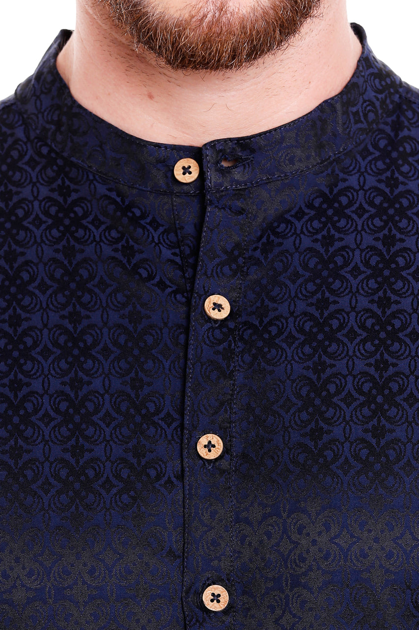 In-Sattva Men's Indian Banded Collar Mid-Length Kurta Tunic Micro Dobby Pattern