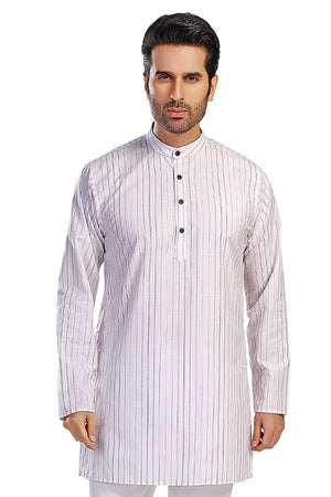 In-Sattva Men's Handloom Cotton Vintage Pinstriped Thigh-Length Kurta Tunic; Striped Magenta