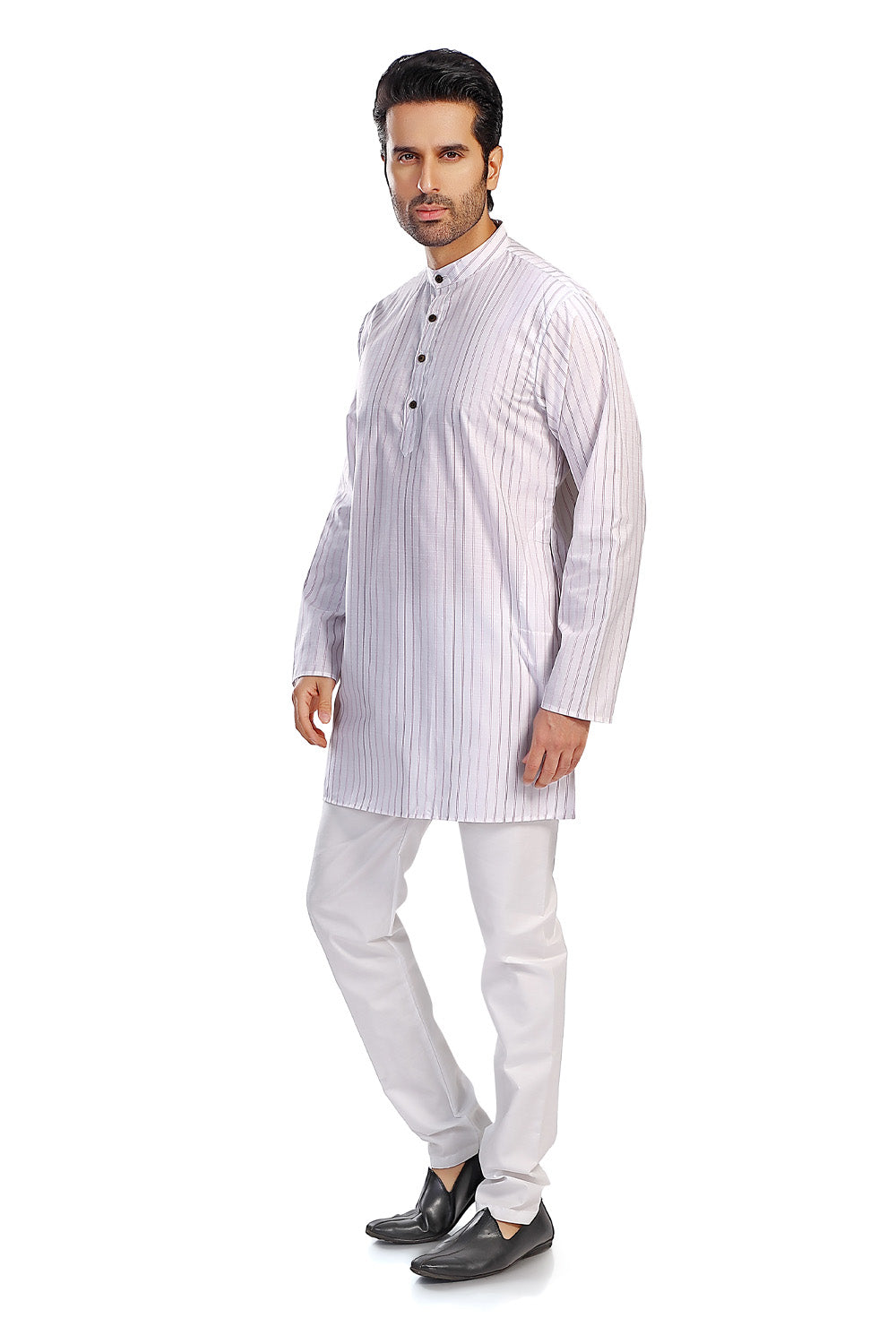 In-Sattva Men's Handloom Cotton Vintage Pinstriped Thigh-Length Kurta Tunic; Striped Magenta