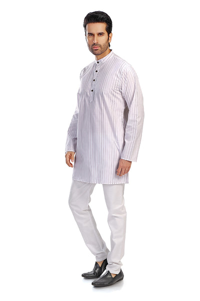 In-Sattva Men's Handloom Cotton Vintage Pinstriped Thigh-Length Kurta Tunic; Striped Magenta