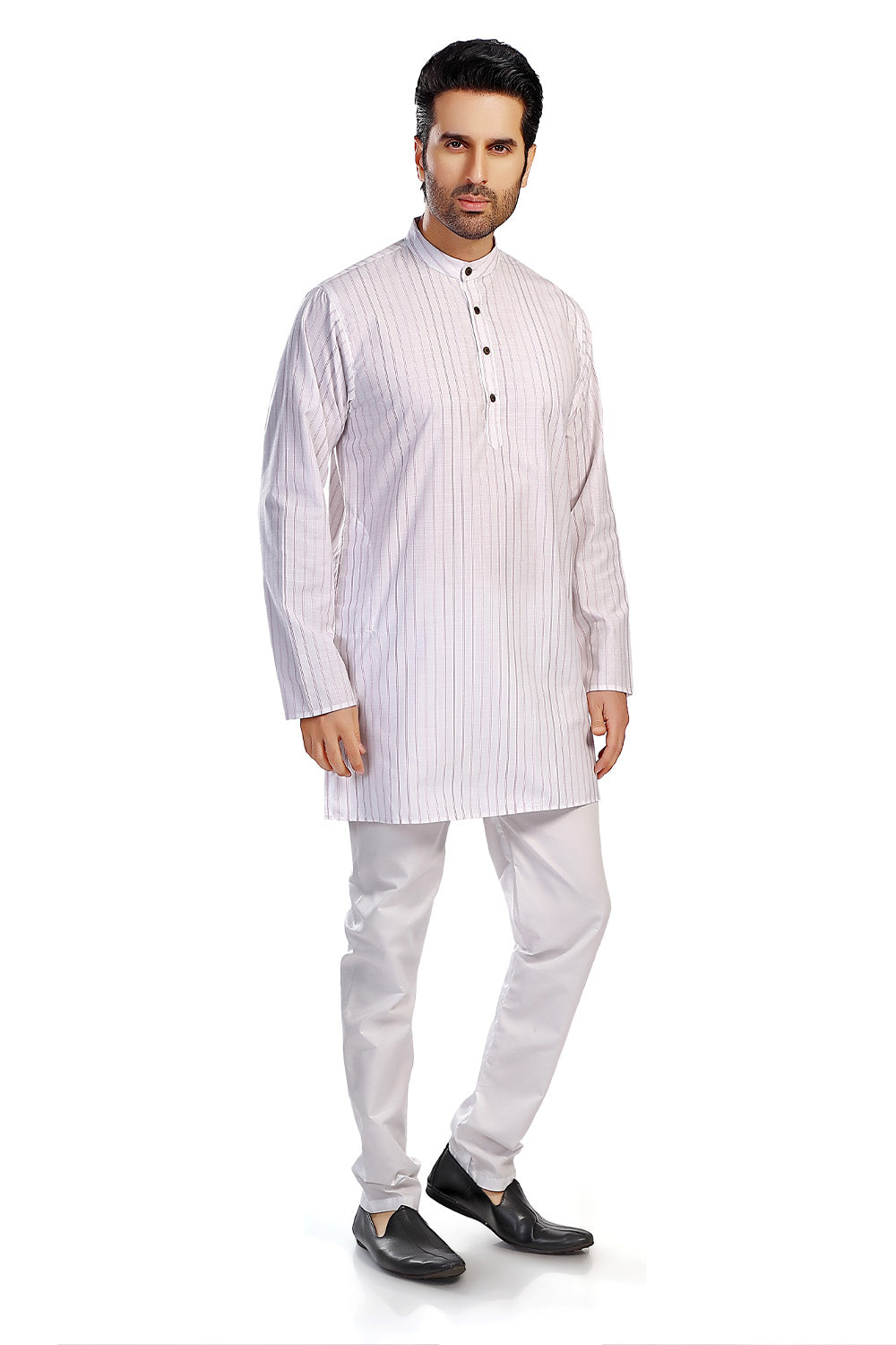 In-Sattva Men's Handloom Cotton Vintage Pinstriped Thigh-Length Kurta Tunic; Striped Magenta
