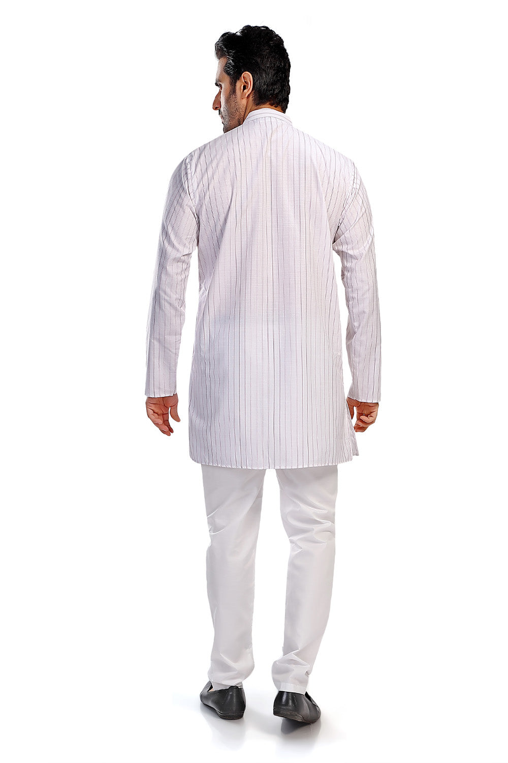 In-Sattva Men's Handloom Cotton Vintage Pinstriped Thigh-Length Kurta Tunic; Striped Magenta