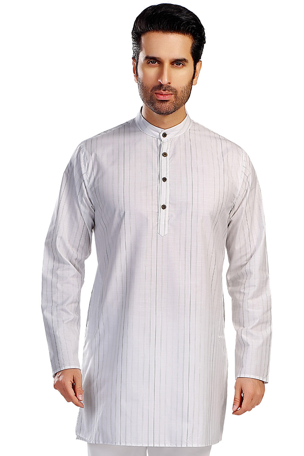 In-Sattva Men's Handloom Cotton Vintage Pinstriped Thigh-Length Kurta Tunic; Striped Green