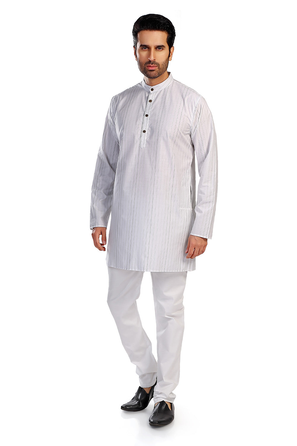 In-Sattva Men's Handloom Cotton Vintage Pinstriped Thigh-Length Kurta Tunic; Striped Green