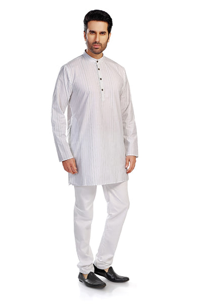 In-Sattva Men's Handloom Cotton Vintage Pinstriped Thigh-Length Kurta Tunic; Striped Green