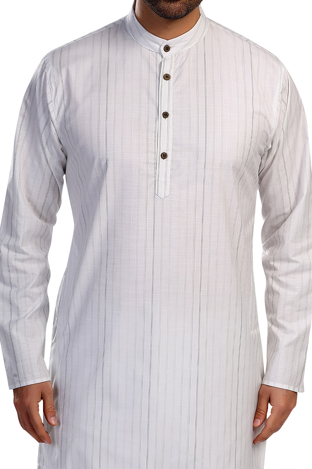 In-Sattva Men's Handloom Cotton Vintage Pinstriped Thigh-Length Kurta Tunic; Striped Green
