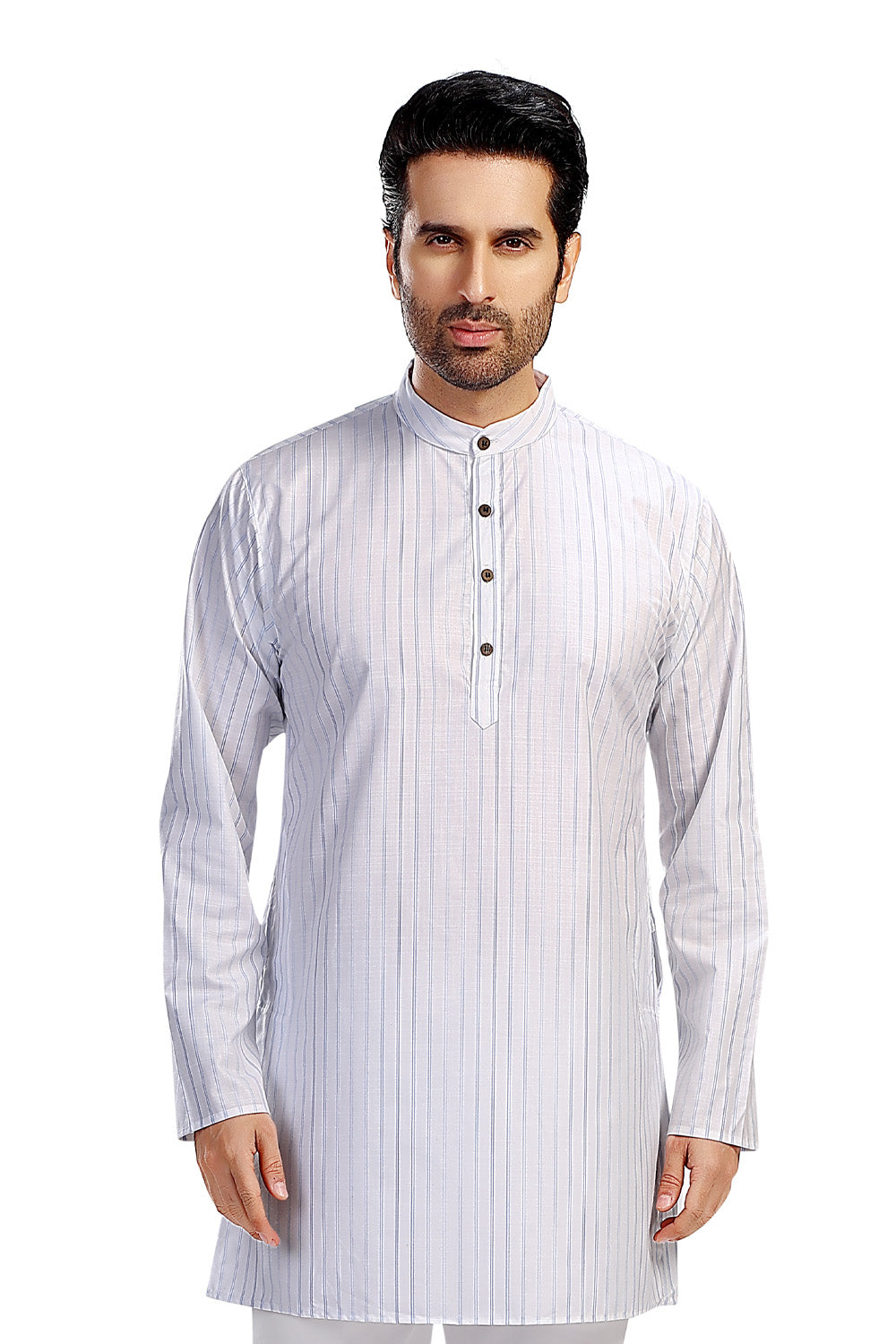 In-Sattva Men's Handloom Cotton Vintage Pinstriped Thigh-Length Kurta Tunic; Striped Blue