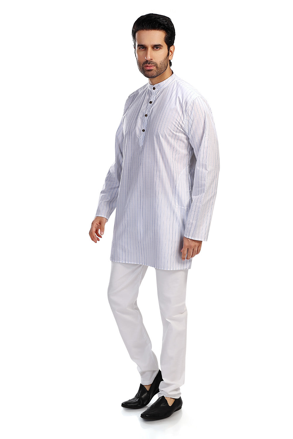 In-Sattva Men's Handloom Cotton Vintage Pinstriped Thigh-Length Kurta Tunic; Striped Blue