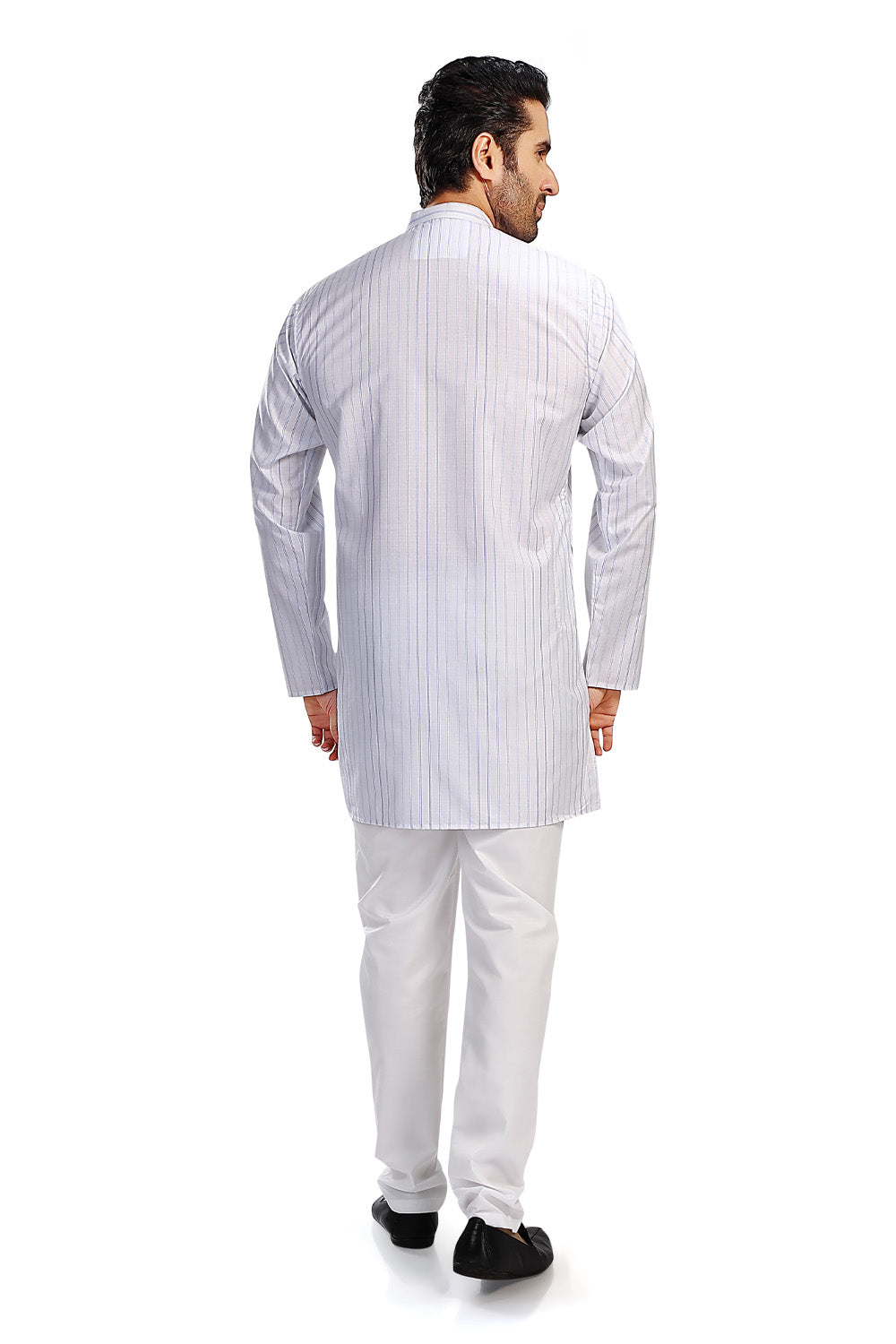 In-Sattva Men's Handloom Cotton Vintage Pinstriped Thigh-Length Kurta Tunic; Striped Blue