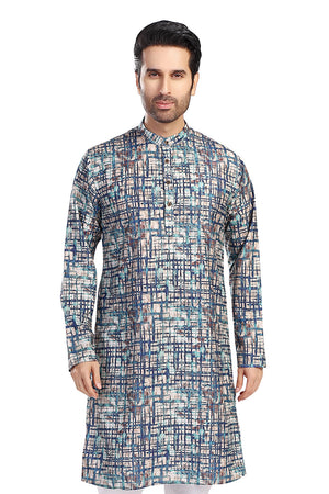 In-Sattva Men's Cotton Folk Print Banded Sattva-Collar Knee-Length Kurta Tunic; Abstract Blue
