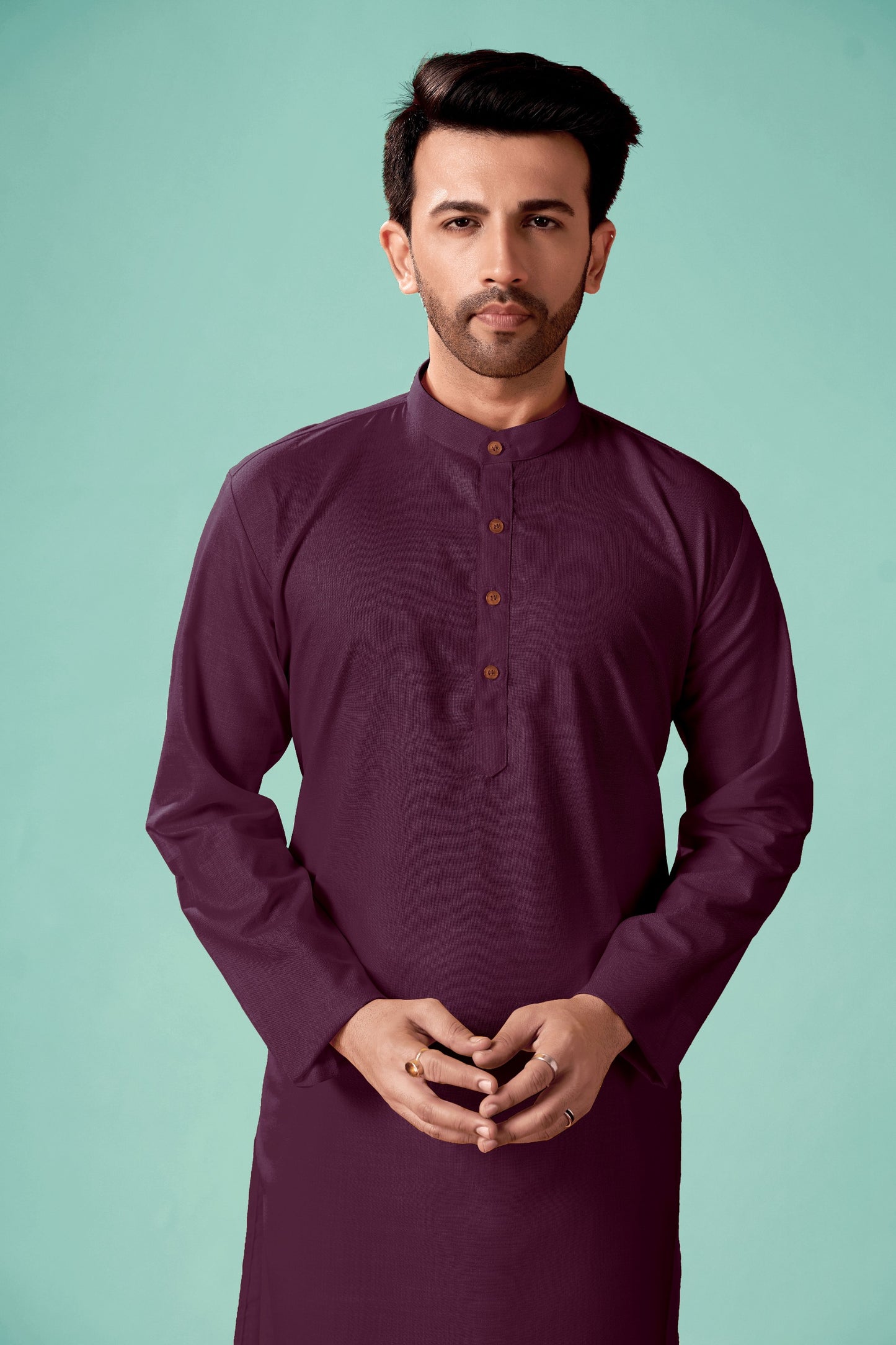 In-Sattva Men's Banded Classic Collar Pure Cotton Long Burgundy Brown Kurta Tunic | Main Image
