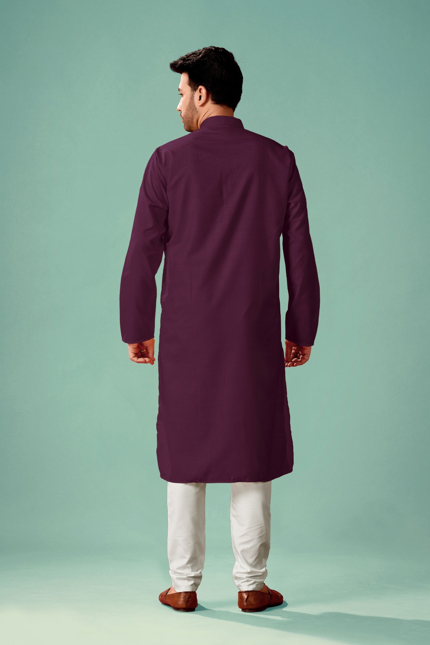 In-Sattva Men's Banded Classic Collar Pure Cotton Long Burgundy Brown Kurta Tunic | Back View