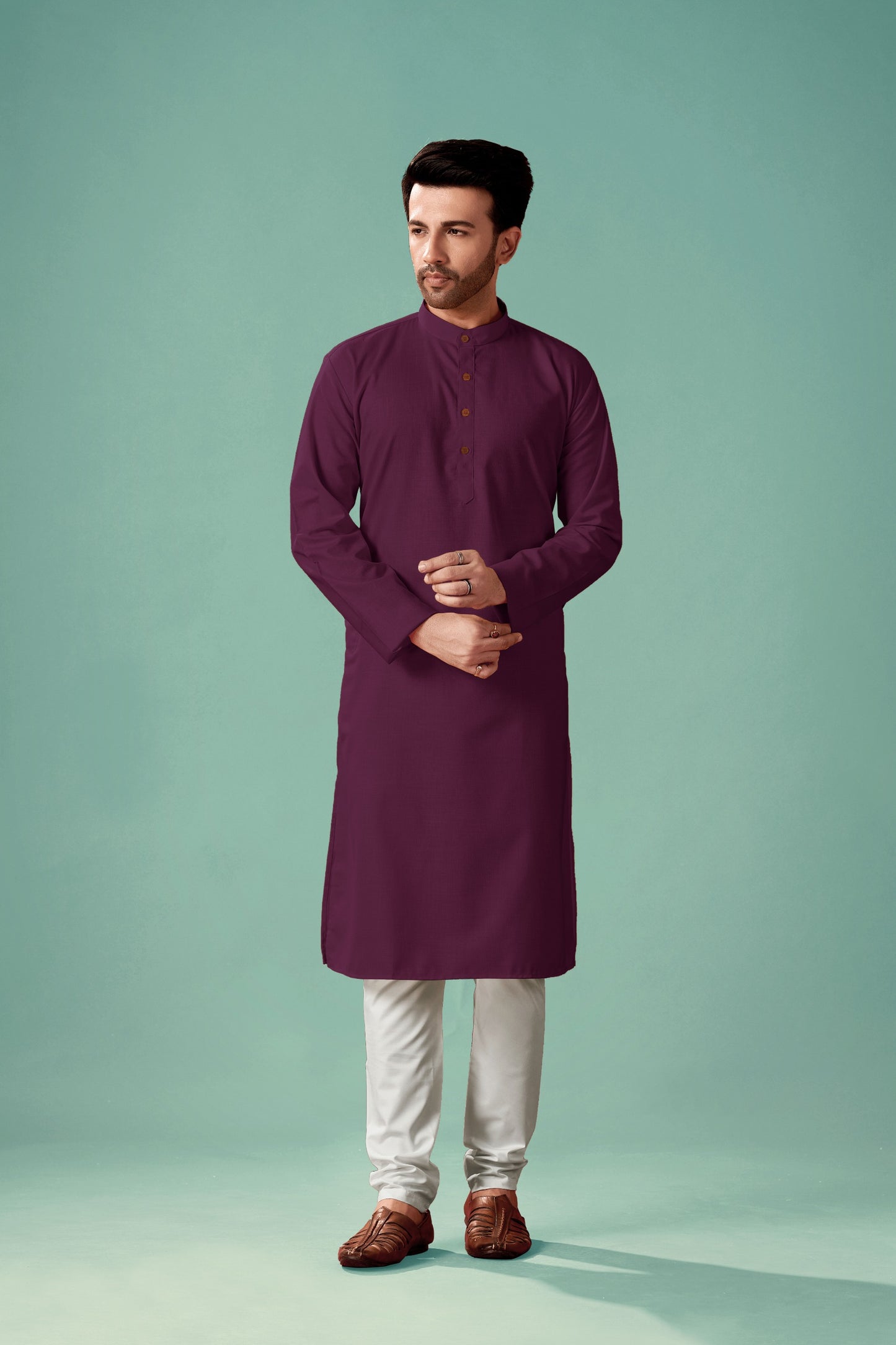 In-Sattva Men's Banded Classic Collar Pure Cotton Long Burgundy Brown Kurta Tunic | Front View
