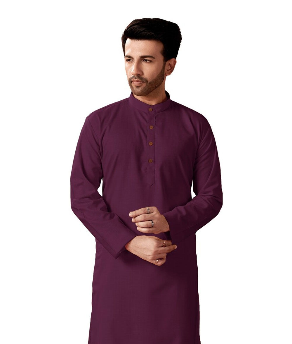 In-Sattva Men's Indian Banded Classic Collar Pure Cotton Long Ruby Wine Kurta Tunic