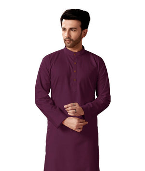 In-Sattva Men's Indian Banded Classic Collar Pure Cotton Long Ruby Wine Kurta Tunic