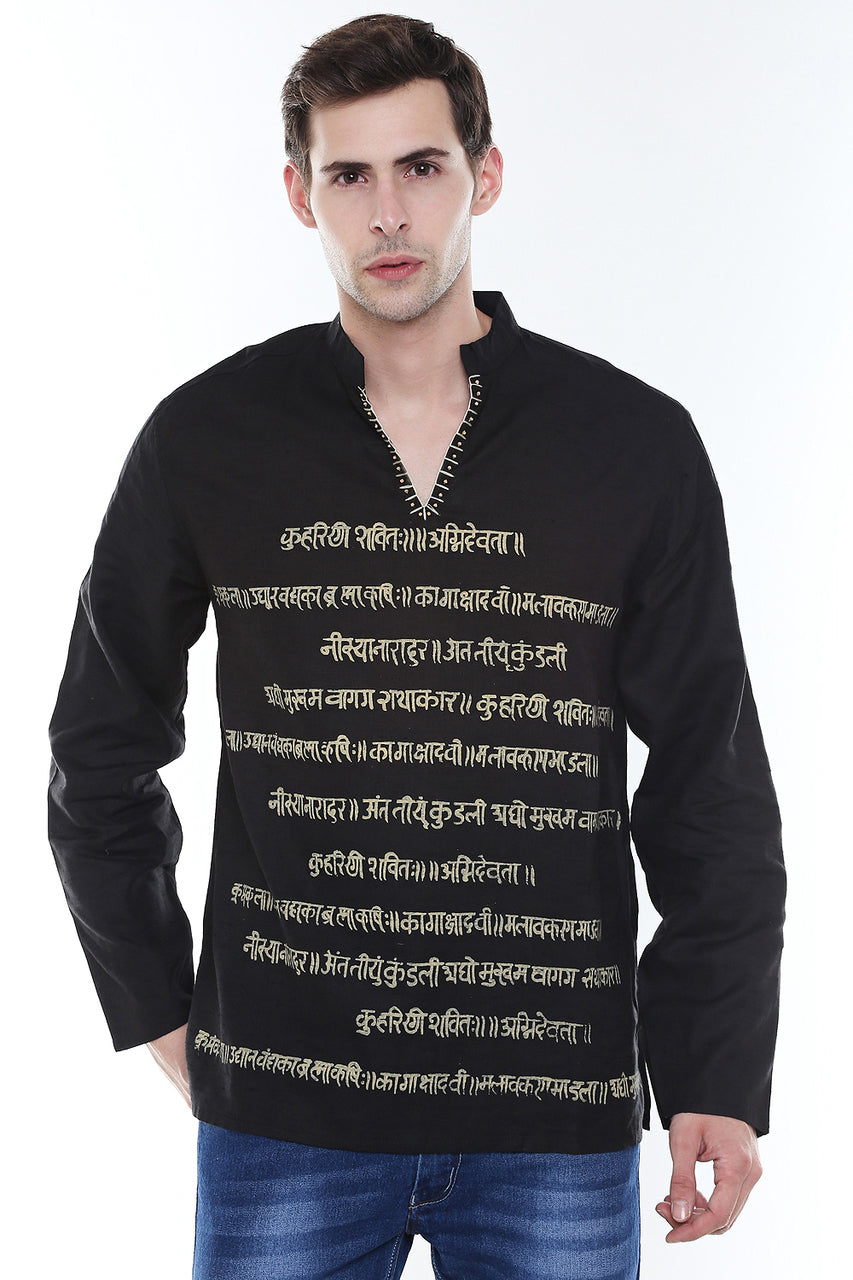 Men's Sanskrit Mantra Print Pure Cotton Black Kurta Tunic - Front | In-Sattva