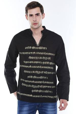 Men's Sanskrit Mantra Print Pure Cotton Black Kurta Tunic - Front | In-Sattva