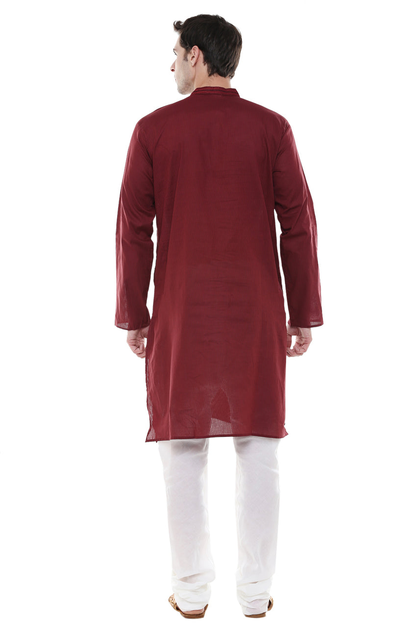 Men's Two-Piece Ensemble - Maroon Pure Cotton Kurta Pajama - Back | In-Sattva
