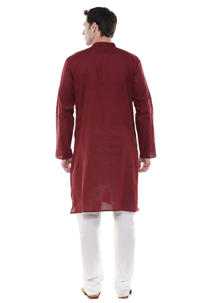 Men's Two-Piece Ensemble - Maroon Pure Cotton Kurta Pajama - Back | In-Sattva