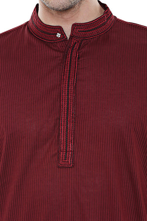 Men's Two-Piece Ensemble - Maroon Pure Cotton Kurta Pajama - Garment details | In-Sattva