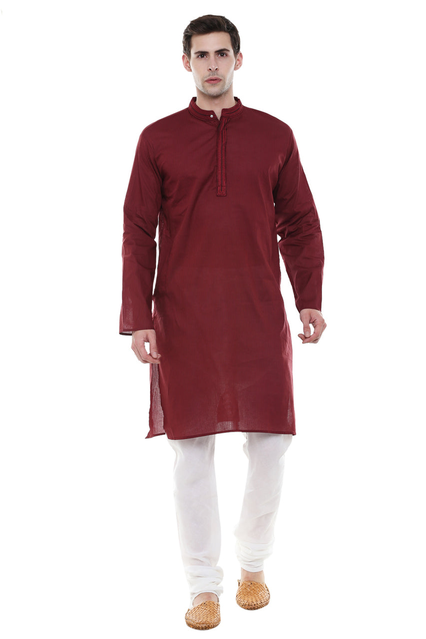 Men's Two-Piece Ensemble - Maroon Pure Cotton Kurta Pajama - Full Display | In-Sattva