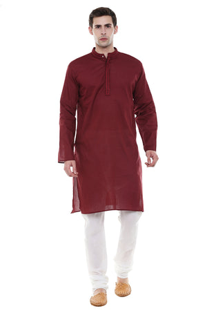 Men's Two-Piece Ensemble - Maroon Pure Cotton Kurta Pajama - Full Display | In-Sattva