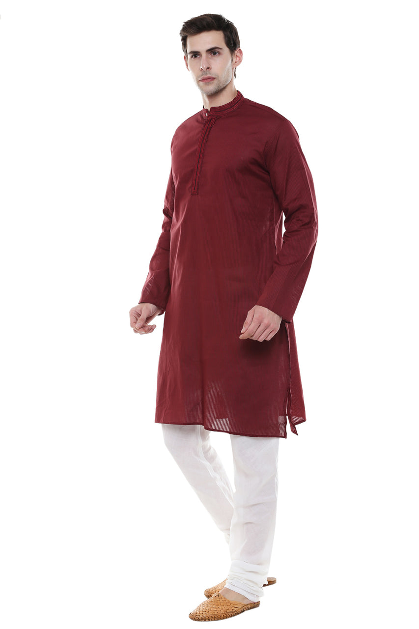 Men's Two-Piece Ensemble - Maroon Pure Cotton Kurta Pajama - Side | In-Sattva