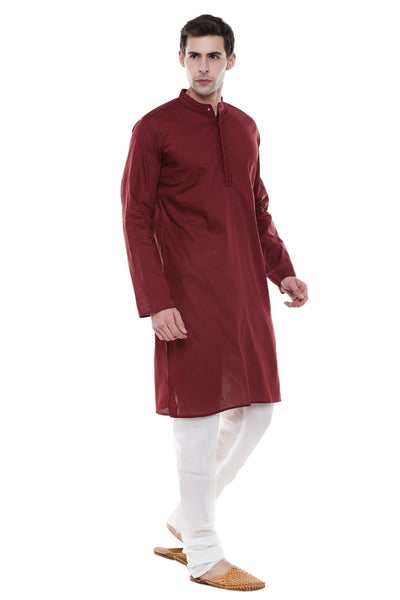 Men's Two-Piece Ensemble - Maroon Pure Cotton Kurta Pajama - Side | In-Sattva