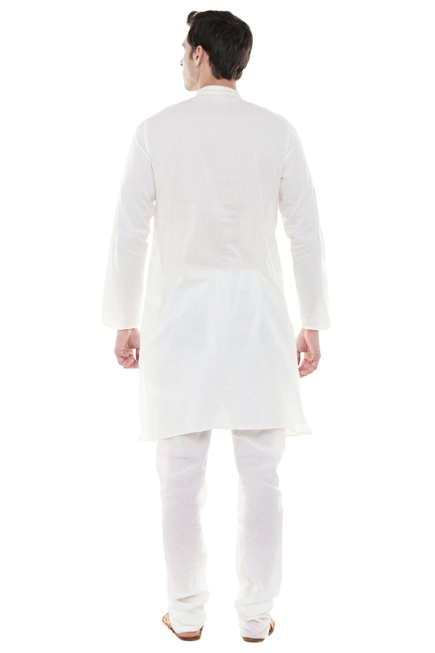 Men's Two-Piece Ensemble - Off White Pure Cotton Kurta Pajama - Back | In-Sattva