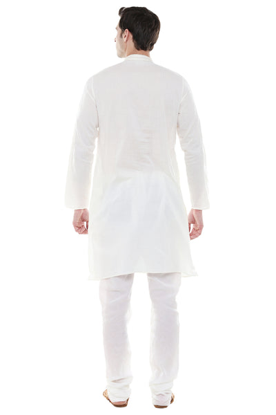Men's Two-Piece Ensemble - Off White Pure Cotton Kurta Pajama - Back | In-Sattva