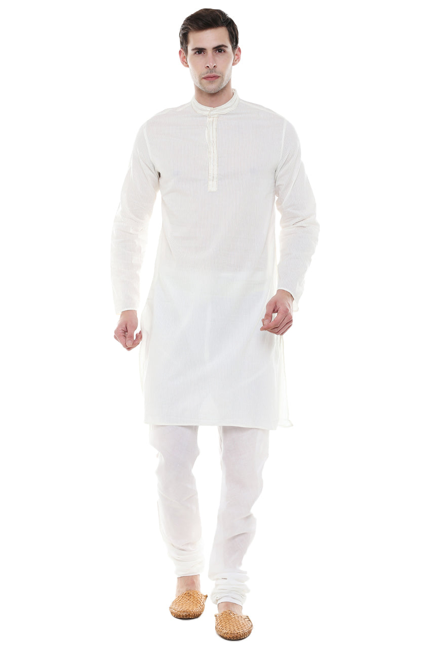 Men's Two-Piece Ensemble - Off White Pure Cotton Kurta Pajama - Full Display | In-Sattva